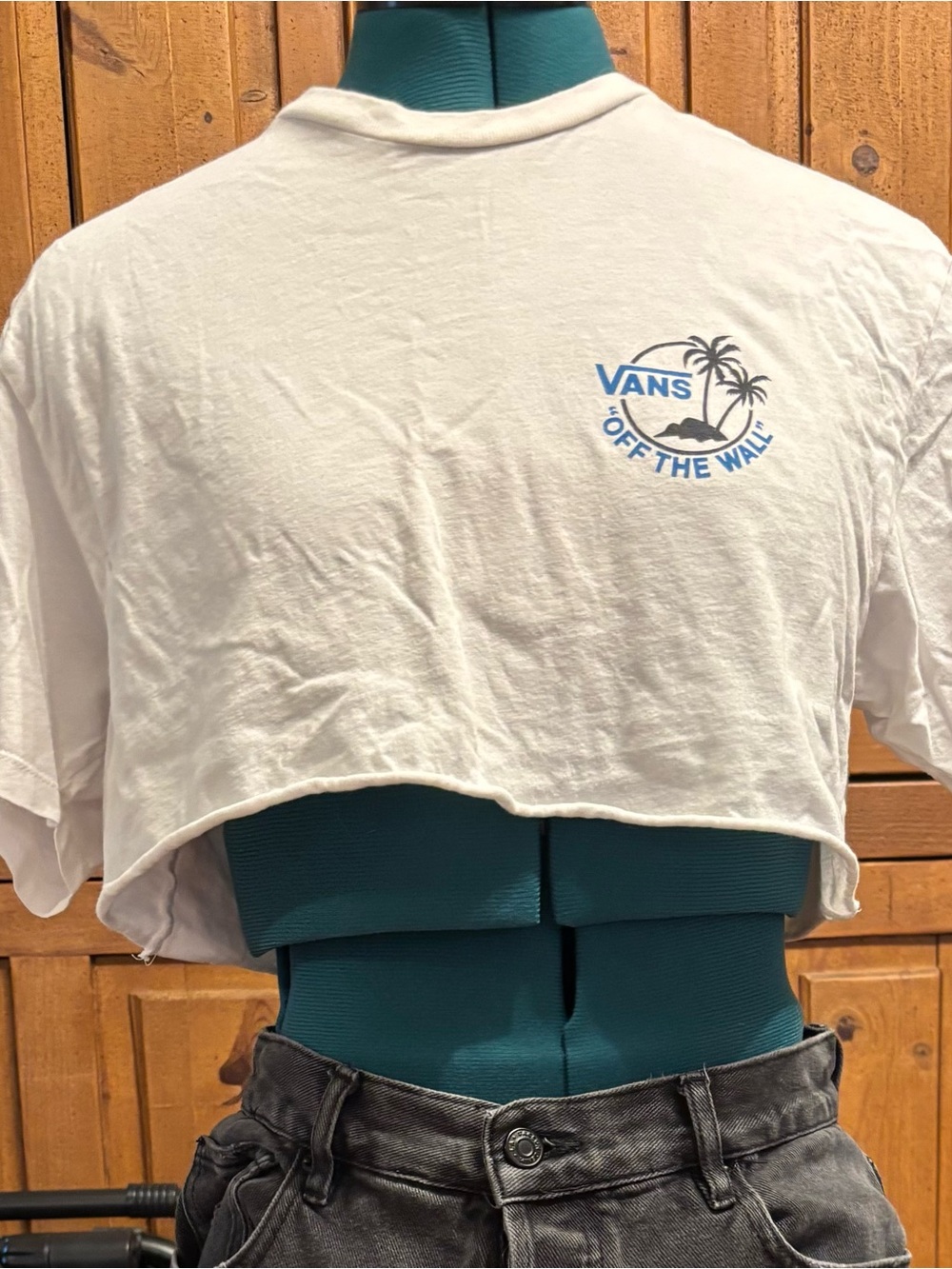Vans White Cropped Tee with Blue Palm Logo